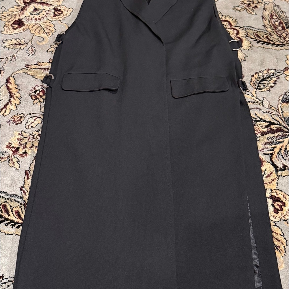 Tailored Black Sleeveless Midi Vest Dress with Side Buckle Details